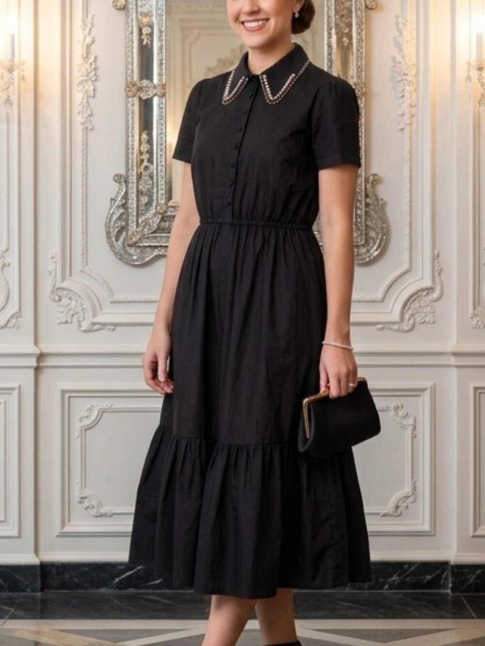 NO. 21 black shirt dress midi tiered knee bead embellished collar 42 design chic